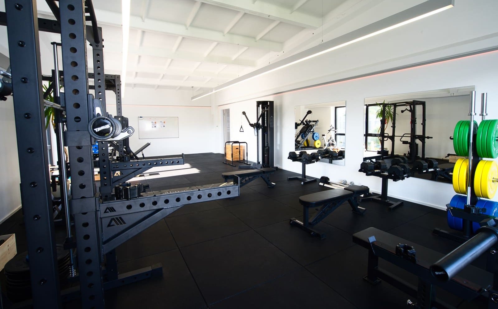 Kraft- und Fitnessbereich der KickFit Academy Jena mit Racks, Bänken und Hantelscheiben