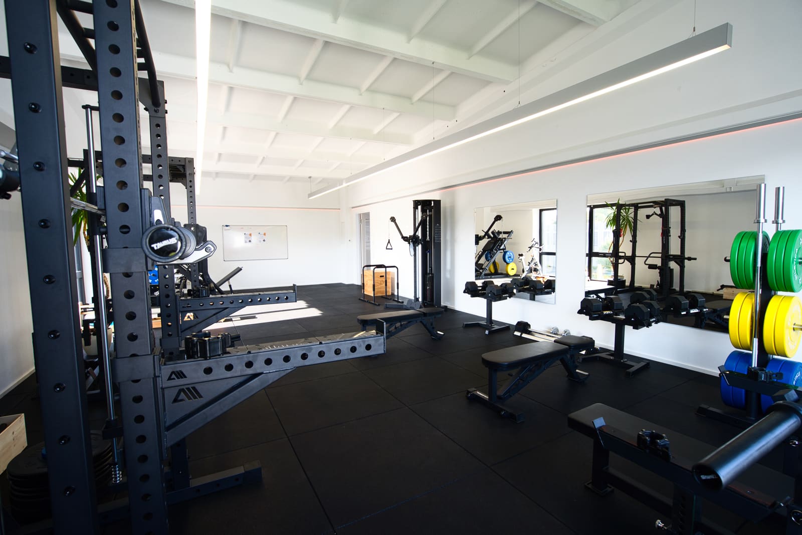 Kraft- und Fitnessbereich der KickFit Academy Jena mit Racks, Bänken und Hantelscheiben